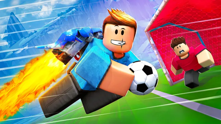 Official Illegal Soccer art of a blue player with a flaming jetpack carrying a soccer ball toward a red goal, with a red player chasing.